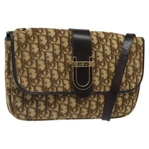 Christian Dior Trotter Canvas Shoulder Bag Brown Gold Auth 123499